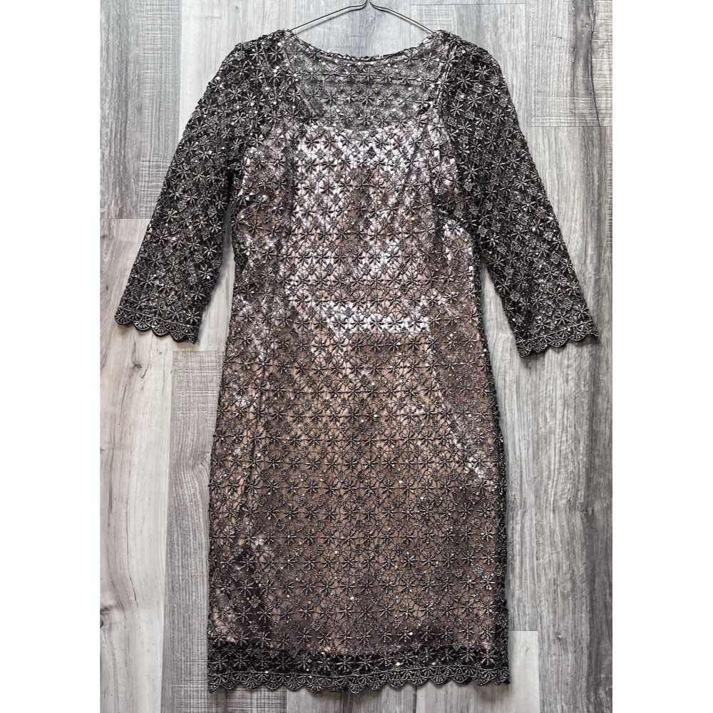 Cachet Size 8 Bronze Sequin 3/4 Sleeve Sheath Cocktail Dress Lace Overlay
